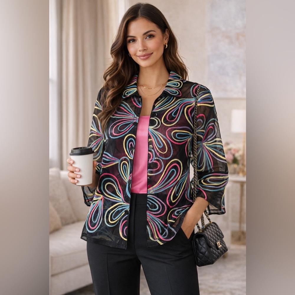 Ali Miles Sheer Embroidered Mesh Top Button Up M 3/4 Bell Sleeve Versatile Artsy